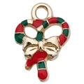 Colgante de bastón de caramelo navideño con esmalte y lazo dorado para hacer joyas caseras - Bastón de Navidad Rojo Verde (13x8mm)
