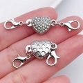 Silver magnetic heart clasp with lobster buckles and rhinestones for DIY jewelry - Antique Silver Rhinestone Heart Magnetic Connector (21204)