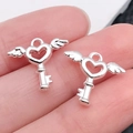 Colgante de llave de corazón plateado con alas de ángel para joyería de bricolaje - Llave Corazón Ala Plata Brillante (20958)