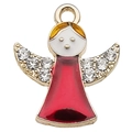 Colgante de ángel esmaltado dorado con túnica roja y pedrería brillante para joyas - Ángel de Navidad Rojo (18x21mm)