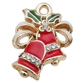 Colgante de doble campana navideña en aleación dorada con esmalte rojo y diamantes - Campana de Navidad Roja (15x19mm)