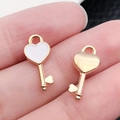 Golden heart-shaped key pendant with white enamel inlay for DIY jewelry making - Heart Shape Key 4x16mm (11944)