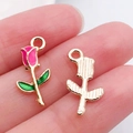 Pink and green rose flower pendant charms in golden alloy for DIY jewelry - Rose Style / Rose Red