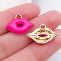 Pink enamel lip-shaped pendant with gold metal backing for DIY jewelry making - Lips Style / Rose Red