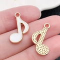 White enamel eighth note charm pendant with gold metal plating for DIY jewelry making - Musical Note 19x12mm (19449)