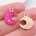 Pink enamel crescent moon charm with golden beaded edges and star for DIY jewelry - Moon Style / Rose Red