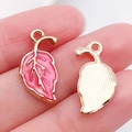 Pink enamel leaf charm with gold metal finish and detailed texture for DIY jewelry - Leaf Design / Rose Red