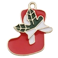 Colgante de calcetín navideño de esmalte rojo con acebo verde y lazo blanco DIY - Calcetín de Navidad Rojo (19x23mm)