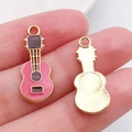Pink and purple guitar charm alloy pendant with golden metallic back for DIY jewelry making - Guitar Style / Rose Red