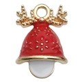 Colgante de campana de reno de Navidad en esmalte rojo con astas doradas y aro colgante - Campana de Navidad Roja (14x21mm)