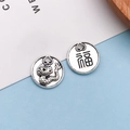 Retro silver Chinese dragon and Fu character charms with heart-shaped holes for DIY jewelry - Dragon And Fu Character Round Style (18399)
