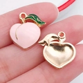 Pink peach enamel charm pendant with green leaves and gold alloy backing for DIY jewelry - Pink Enamel Peach Style