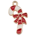 Colgante de bastón de caramelo navideño con esmalte y lazo dorado para joyería DIY - Caramelo de Navidad Rojo Blanco (13x23mm)