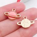 Pink enamel Saturn charms and golden planet pendants for DIY jewelry crafting - Pink Enamel Round Star Style