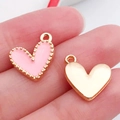 Pink enamel heart charm with gold beaded edge and polished metal back for DIY jewelry - Pink Enamel Heart Shape Style