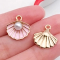 Pink enamel seashell charms with pearls and gold metal for DIY jewelry making - Pink Enamel Ocean Shell Style