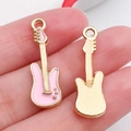 Pink enamel guitar pendant charm with gold metal plating for DIY jewelry making - Pink Enamel Guitar Instrument Style