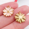 Pink enamel daisy pendant charm in gold alloy for DIY jewelry making shown front and back - Pink Enamel Daisy Style