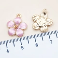 Pink enamel cherry blossom flower charms with golden alloy back and top hanging loops - 14x16mm / Pink