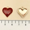 Pink heart-shaped glitter pendant with gold metal back and measurement scale - Red Glitter Enamel Peach Heart (14326) / 15x17mm