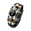 Retro meerlaagse leren armband met bronzen bedeltjes en glazen letter T edelsteen - Letter T (XSWX4979-T)