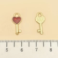 Pink heart-shaped key pendant with golden metal and red glitter enamel finish - Red Glitter Enamel Key (21492) / 16x7mm