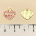Pink rose heart pendant with XOXO relief and gold-tone textured back for DIY jewelry - Pink Glitter Enamel KC Heart Letter (21527) / 13x13mm