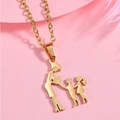 Golden family silhouette necklace featuring mother and children with heart pendant on pink card - Mom + 1 Daughter 1 Son