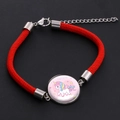 Red braided unicorn bracelet with silver metal charms and round glass pendant - Style 5 (BOB319)