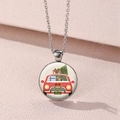 Vintage Christmas tree necklace featuring a red car illustration in a glass cabochon pendant - Red Christmas Car (Style 5)