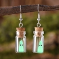 Luminous ghost in a bottle earrings hanging on a tree branch for Halloween - Green Earrings (Small)
