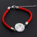 Red braided rope bracelet with stainless steel unicorn kitten glass charm for kids - Style 14 (BOB319)