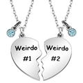 Detailed view of silver heart puzzle pendants engraved with Weirdo and blue rhinestones - Weirdo Blue Rhinestone Heart Puzzle 2-Piece Set (款式5)