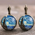 Vintage Bronze-Ohrringe mit Van Gogh Sternennacht Glaskuppel-Kunstmotiv für Damen - Sternenhimmelmuster (Stil 1) / Bronze