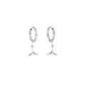 Detail of silver fishtail dangle earrings with high-polish stainless steel finish - Hoop Whale Tail Pendant / Silver