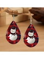 Detail of teardrop snowman earrings with red plaid pattern on rustic wooden branches - Plaid Snowman Style (ER266-3)