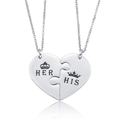 Detailed view of His and Her puzzle heart necklaces with crown engravings in silver finish - Queen Crown Style (NST-0160) / Silver