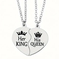 Detail of stainless steel puzzle heart pendants with Her King and His Queen engravings - Her KING & His QUEEN Crown Style (Style 1)