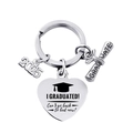 Macro detail of 2025 graduation keychain with engraved heart and graduate scroll charms - Humorous Graduation Quote (Keychain 7)