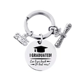 Close-up of 2025 graduation keychain with scroll charm and funny engraved round metal tag - "Go Back to Bed" Humorous Quote Style (Silver 7)