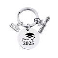 Detail van de 2025 roestvrijstalen afstudeer-sleutelhanger met gegraveerde bedeltjes - Class of 2025 Hoed Stijl (银色2)
