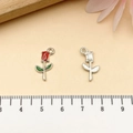 Silver-finish metal rose pendant with red and green enamel for DIY jewelry making - Red Rose Flower (21915)