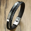 Herren Lederarmband mit Kreuz und 'GOD IS FIRST' Gravur auf Edelstahlplatte in Schwarz - Schwarz