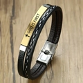 Herren Lederarmband mit Kreuz und GOD IS FIRST gravierter goldener Metallplatte - Gold