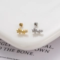 Detailed view of silver and gold flower petal ear studs with zircon inlays and screw backs - Five-petal Flower Style (5#)