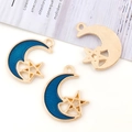 Set de colgantes de luna creciente esmaltada azul oscuro y estrellas doradas para joyas - Estilo Estrella Luna Azul (9915)