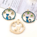 Colgantes DIY gato y estrella de esmalte, marco dorado con patrones estrellados azul y verde - Estilo Redondo Gato de Pie Estrella Azul (10348)