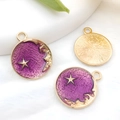 Colgantes de esmalte morado con estrella y luna y bordes dorados para joyas DIY - Estilo Redondo Estrella Luna Estrellado Púrpura (13305)