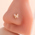 Golden butterfly nose stud with colorful enamel wings and center pearl on model - Gradient Butterfly Style (1#) / Gold