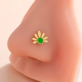 Golden nose stud with emerald green round gemstone and feathered leaf design on silicone model - Cannabis Leaf Style (7#) / Gold